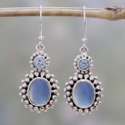 Blue topaz and chalcedony dangle earrings, 'Ocean Dots' - Blue Topaz and Chalcedony Dangle Earrings from India