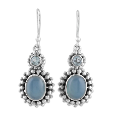 Blue Topaz and Chalcedony Dangle Earrings from India