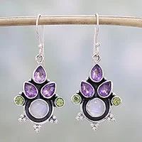 Multi-gemstone dangle earrings, 'Colorful Bunch' - Multi-Gem Amethyst Rainbow Moonstone and Peridot Earrings