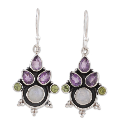 Multi-gemstone dangle earrings, 'Colorful Bunch' - Multi-Gem Amethyst Rainbow Moonstone and Peridot Earrings