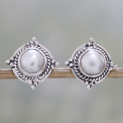 Cultured pearl button earrings, 'Morning Crowns' - Cultured Pearl and Sterling Silver Earrings from India