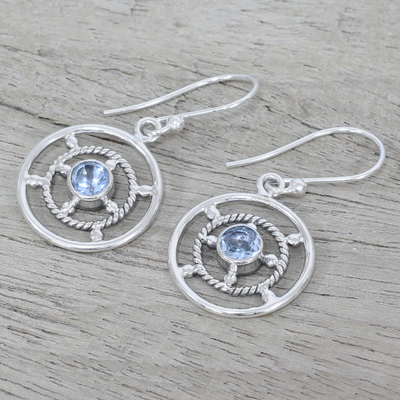 Blue topaz dangle earrings, 'Blue Wheels' - Blue Topaz and Sterling Silver Dangle Earrings from India