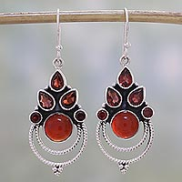 Garnet and carnelian dangle earrings, 'Radiant Harmony' - Garnet and Carnelian Dangle Earrings by Indian Artisans