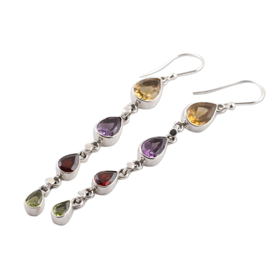 Multi-gemstone dangle earrings, 'Dazzling Drops' - Multi-Gem Citrine Amethyst Garnet and Peridot Earrings