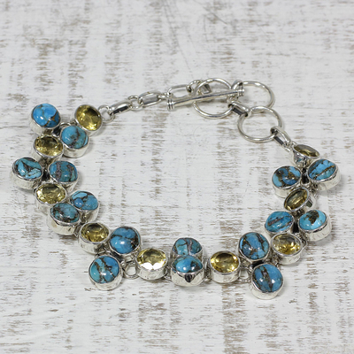 Citrine link bracelet, 'Golden Skies' - Citrine and Composite Turquoise Link Bracelet from India