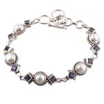 Iolite and cultured pearl link bracelet, 'Blue Palace' - Iolite and Cultured Pearl Link Bracelet from India