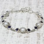 Iolite and cultured pearl link bracelet, 'Blue Palace' - Iolite and Cultured Pearl Link Bracelet from India