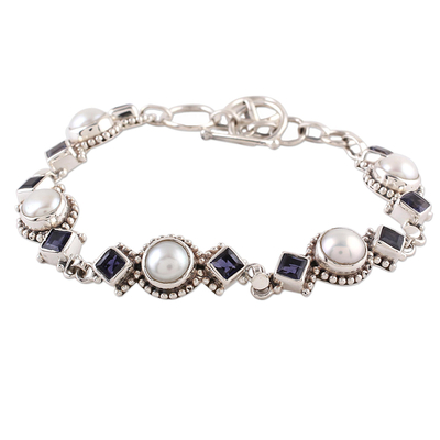 Iolite and cultured pearl link bracelet, 'Blue Palace' - Iolite and Cultured Pearl Link Bracelet from India