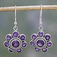 Amethyst dangle earrings, 'Morning Glitter in Purple' - Amethyst and Sterling Silver Dangle Earrings from India