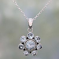 Blue topaz pendant necklace, 'Morning Glitter' - Blue Topaz and Sterling Silver Pendant Necklace from India