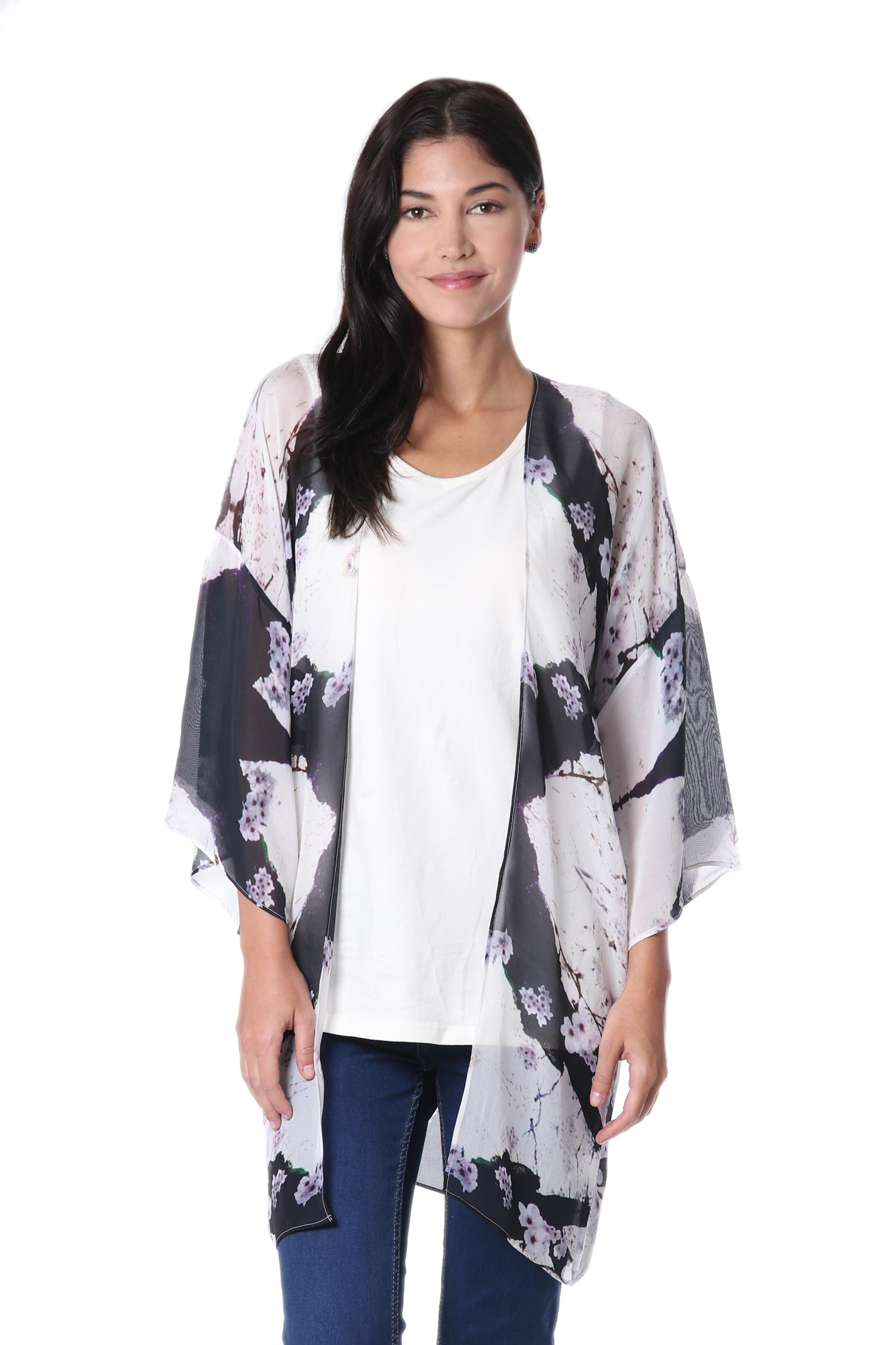 UNICEF Market | Black and White Open Front Floral Kimono Jacket from ...