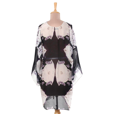 Silk kimono jacket, 'Blossoming Flower' - Black and White Open Front Floral Kimono Jacket from India