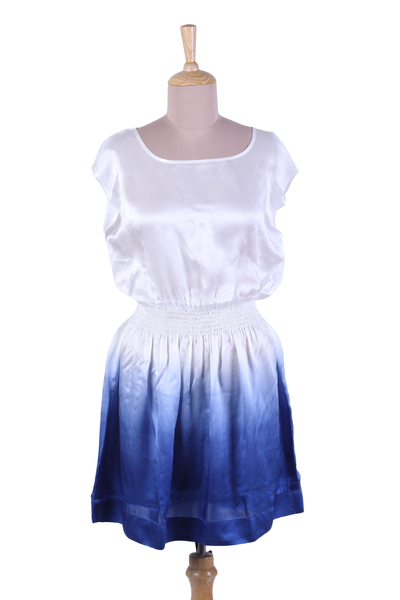 White and Blue Ombre All Silk Minidress from India