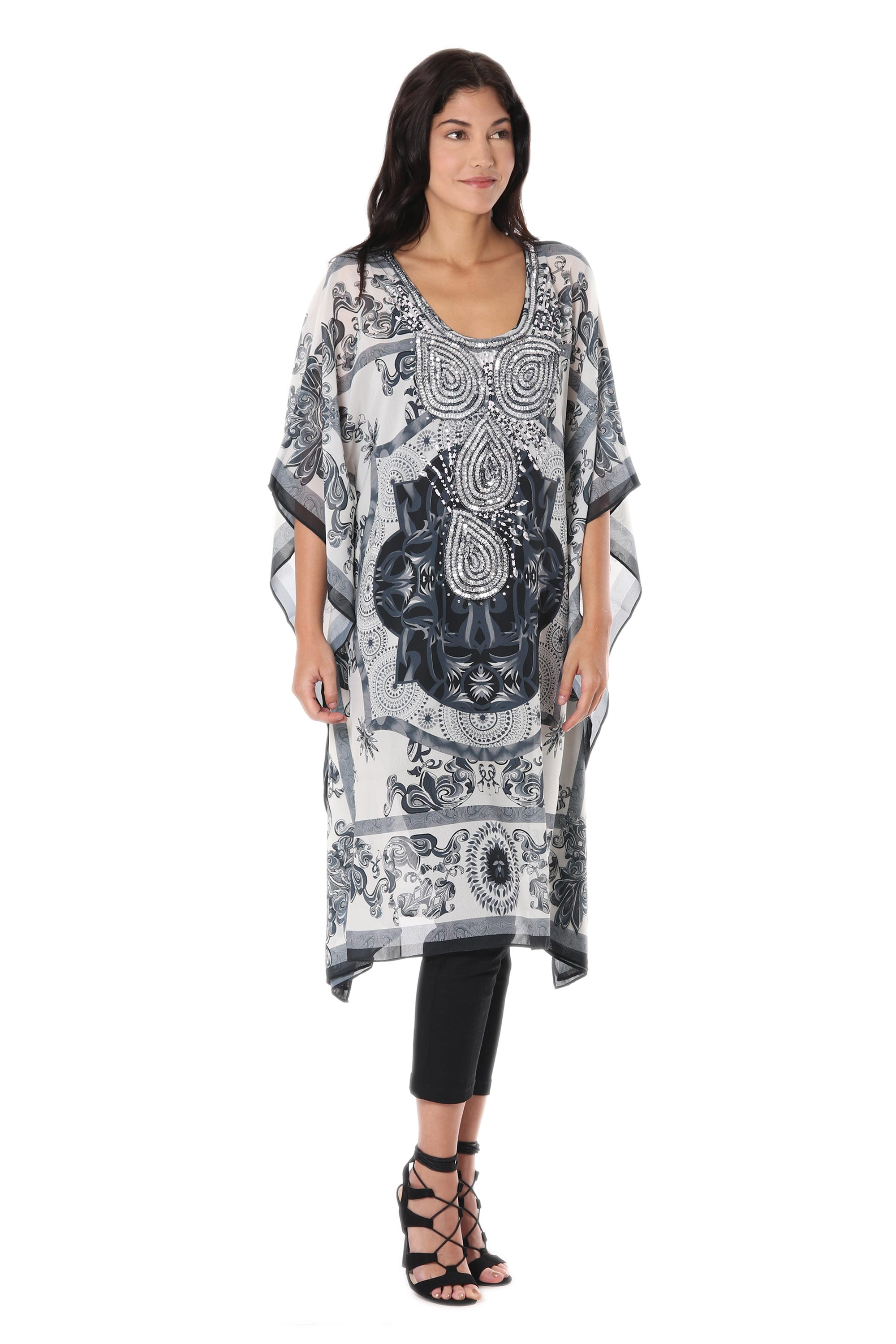 Black and White Sequined Polyester Caftan from India - Urban Chic | NOVICA