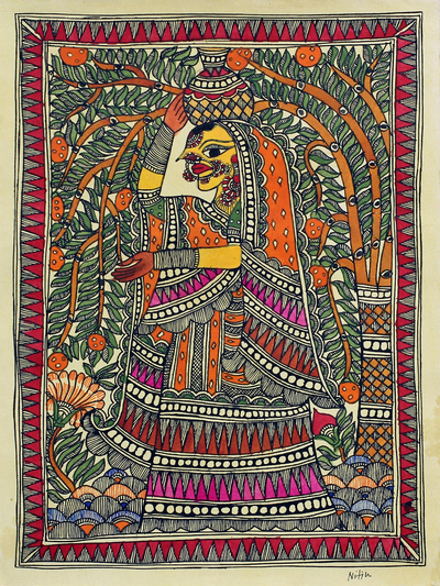 Signed Madhubani Folk Painting of a Woman from India