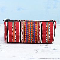 Cotton cosmetic case, 'Adventure in Red' - Hand Woven 100% Cotton Multicolor Cosmetic Case from India