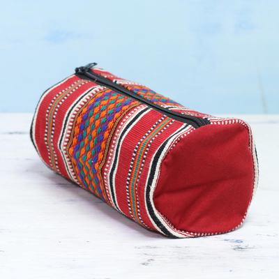 Neceser de algodón, 'Aventura en rojo' - Estuche cosmético multicolor tejido a mano 100% algodón de la India