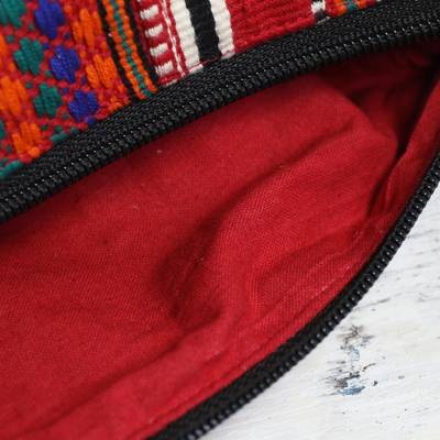 Neceser de algodón, 'Aventura en rojo' - Estuche cosmético multicolor tejido a mano 100% algodón de la India