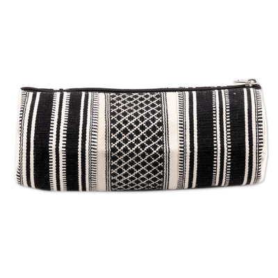 Cotton toiletry case, 'Adventure in Black' - Black and White Hand Woven Cotton Cosmetic Case from India