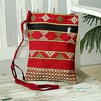 Hand woven cotton passport bag, 'Easy Traveler' - Deep Red Olive and Yellow Hand Woven Passport Bag from India