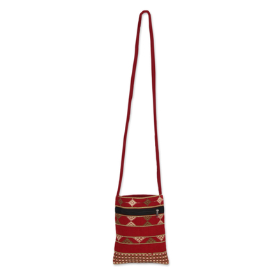Hand woven cotton passport bag, 'Easy Traveler' - Deep Red Olive and Yellow Hand Woven Passport Bag from India