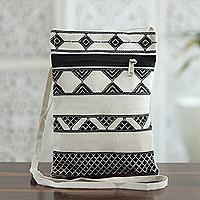 Hand woven cotton passport bag, 'Kaleidoscope Traveler in Ivory'