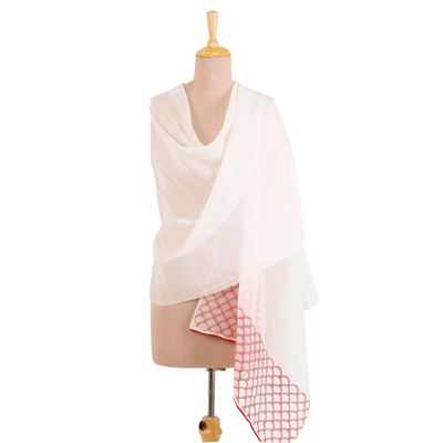 Cotton and silk blend shawl, 'Strawberry Picnic' - Cotton and Silk Blend Indian Shawl in Natural and Strawberry