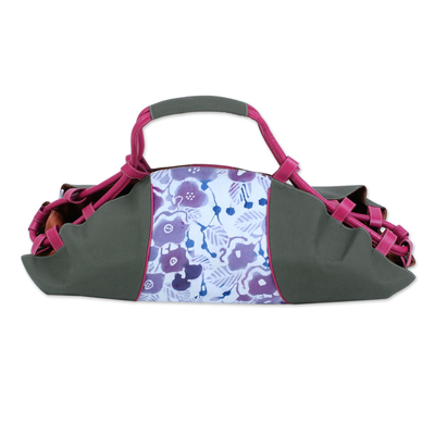 Leather accent batik cotton duffel bag, 'Beach Outing' - Batik Cotton Floral Duffel Bag in Clay from India