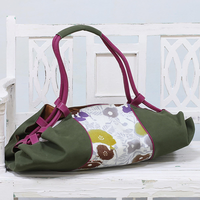 Leather accent batik cotton duffel bag, 'Beach Outing' - Batik Cotton Floral Duffel Bag in Clay from India