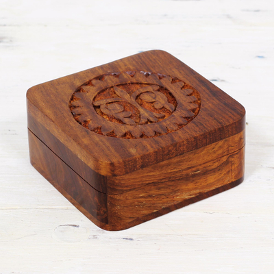Mango wood decorative box, 'Magnificent Sun' - Hand Carved Mango Wood Decorative Box from India