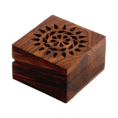 Mango wood decorative box, 'Glorious Flower' - Hand Carved Decorative Mango Wood Box from India