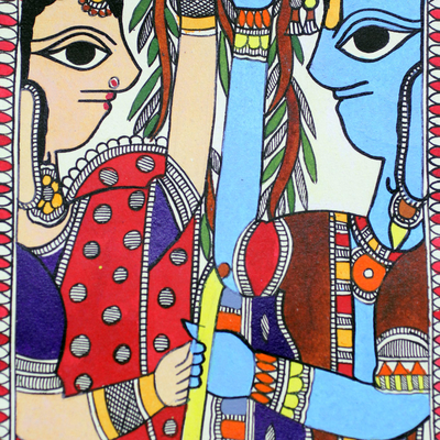 Madhubani painting, 'Blooming Love' - Signed Indian Madhubani Folk Painting of Krishna and Radha