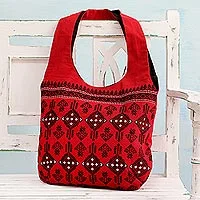 Cotton shoulder bag, 'Delightful Kites' - Geometric Cotton Shoulder Bag in Chili from India