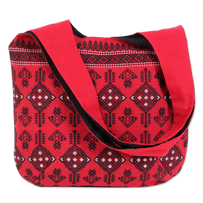 Cotton shoulder bag, 'Delightful Kites' - Geometric Cotton Shoulder Bag in Chili from India