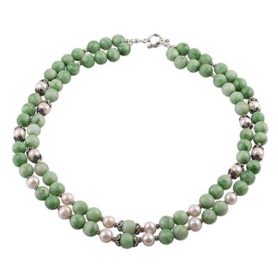 Halskette aus Aventurin und Zuchtperlen - Doppelstrang-Halskette aus grünem Aventurin und Zuchtperle