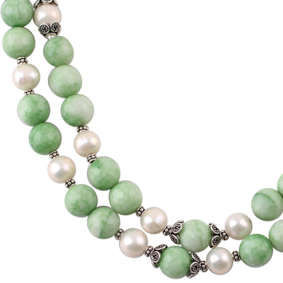 Collar de hilo de aventurina y perlas cultivadas - Collar doble de aventurina verde y perlas cultivadas