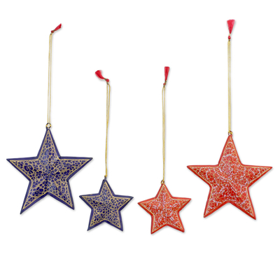 Pappmaché-Ornamente, (4er-Set) - Vier blaue und rote Sternornamente aus Pappmaché aus Indien