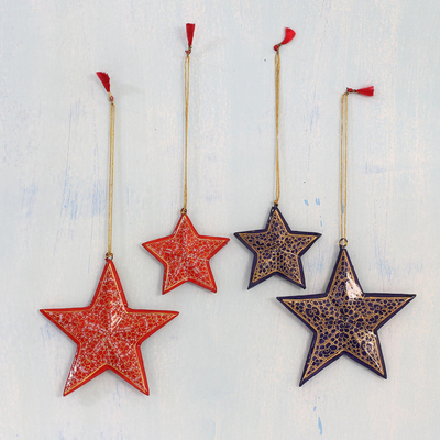Papier mache ornaments, 'Starry Delight' (set of 4) - Four Blue and Red Papier Mache Star Ornaments from India