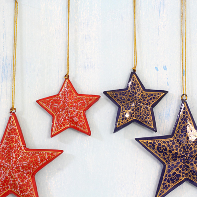 Papier mache ornaments, 'Starry Delight' (set of 4) - Four Blue and Red Papier Mache Star Ornaments from India