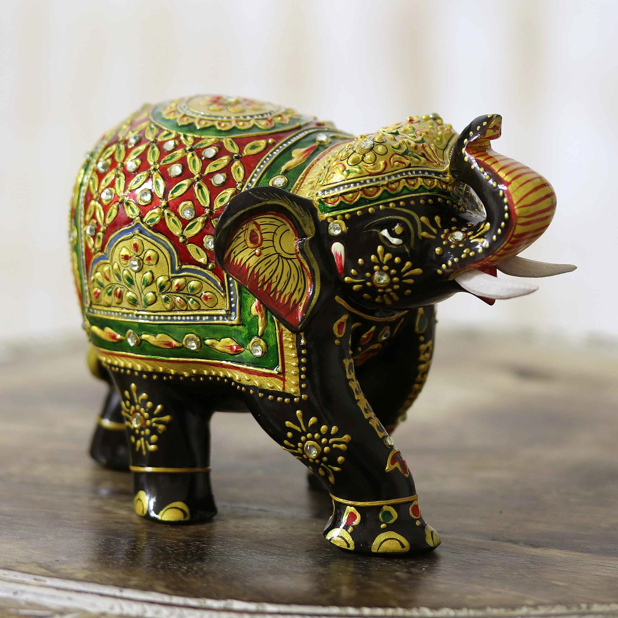 Bejeweled Hand Crafted Wood Elephant Sculpture from India - Bejeweled ...