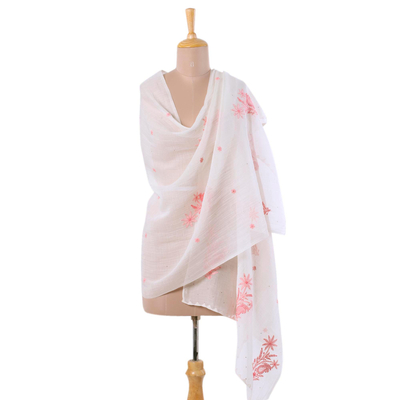 Silk and cotton blend shawl, 'Pink Blush' - Hand-Embroidered Light Pink Paisley Motif Shawl from India