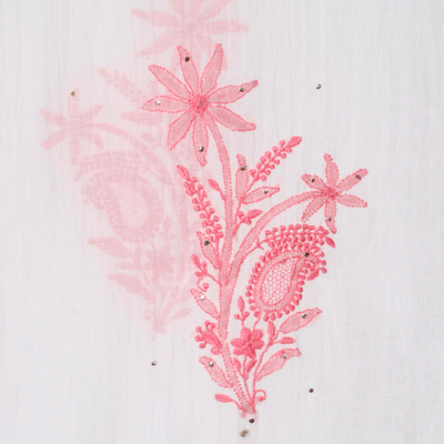 Chal de mezcla de seda y algodón - Chal rosa claro con motivo de Paisley bordado a mano de India