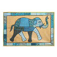 Patchwork wall hanging, 'Elephant Frame' - Recycled Patchwork Wall Hanging of a Blue Floral Elephant