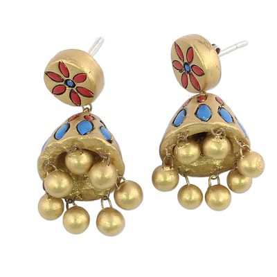 Ceramic dangle earrings, 'Glorious Gold' - Hand-Painted Floral Ceramic Dangle Earrings in Gold Tone