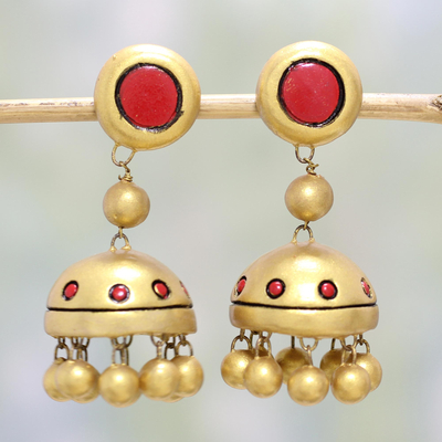 Ohrhänger aus Keramik - Handbemalte indische Keramik-Ohrringe in Gold und Rot