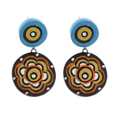 Ceramic dangle earrings, 'Floral Eyes' - Hand-Painted Floral Ceramic Dangle Earrings from India