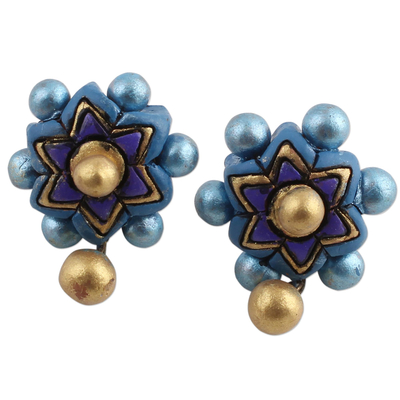 Ceramic dangle earrings, 'Heavenly Flowers' - Purple and Blue Floral Ceramic Dangle Earrings from India