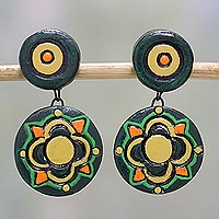 Ceramic dangle earrings, 'Green Festivity' - Floral Ceramic Dangle Earrings in Green by Indian Artisans