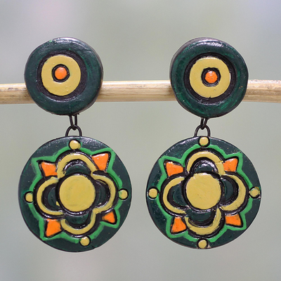 Ceramic dangle earrings, 'Green Festivity' - Floral Ceramic Dangle Earrings in Green by Indian Artisans