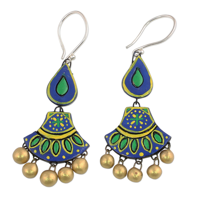 Ceramic dangle earrings, 'Royal Rainfall' - Blue and Green Ceramic Dangle Earrings by Indian Artisans